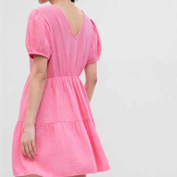 Gap pink crinkle gauze puff sleeve tiered mini dress - Picture 5 of 8